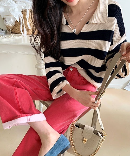 NANING9（ナンニング）の「NANING9 ワイドボーダールーズニット（ニット/セーター・レディース・ベージュ/ネイビー/グリーン・FREE）」の3枚目の写真