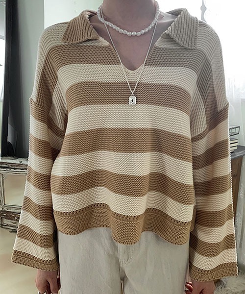 NANING9（ナンニング）の「NANING9 ワイドボーダールーズニット（ニット/セーター・レディース・ベージュ/ネイビー/グリーン・FREE）」の4枚目の写真