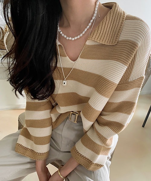 NANING9（ナンニング）の「NANING9 ワイドボーダールーズニット（ニット/セーター・レディース・ベージュ/ネイビー/グリーン・FREE）」の5枚目の写真