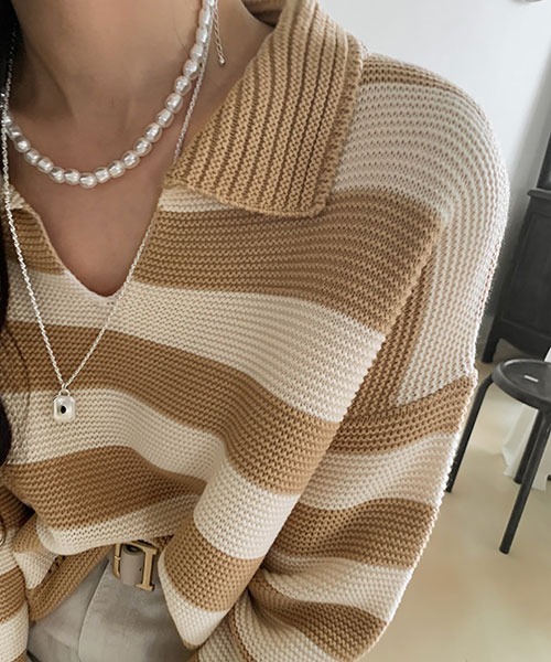 NANING9（ナンニング）の「NANING9 ワイドボーダールーズニット（ニット/セーター・レディース・ベージュ/ネイビー/グリーン・FREE）」の6枚目の写真