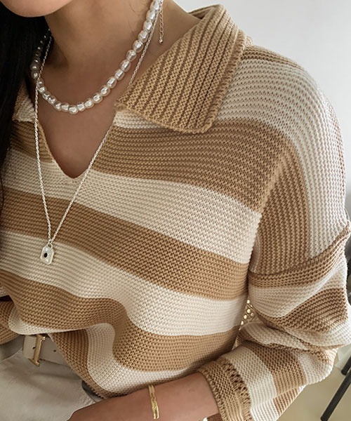 NANING9（ナンニング）の「NANING9 ワイドボーダールーズニット（ニット/セーター・レディース・ベージュ/ネイビー/グリーン・FREE）」の9枚目の写真