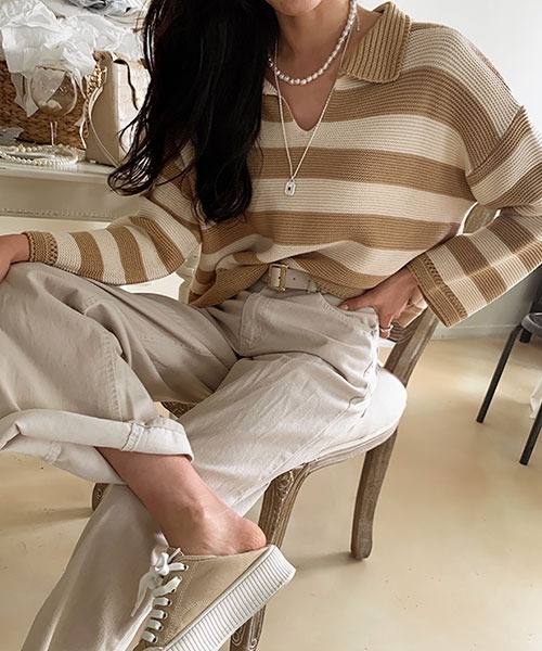 NANING9（ナンニング）の「NANING9 ワイドボーダールーズニット（ニット/セーター・レディース・ベージュ/ネイビー/グリーン・FREE）」の10枚目の写真