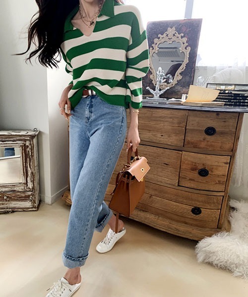 NANING9（ナンニング）の「NANING9 ワイドボーダールーズニット（ニット/セーター・レディース・ベージュ/ネイビー/グリーン・FREE）」の11枚目の写真