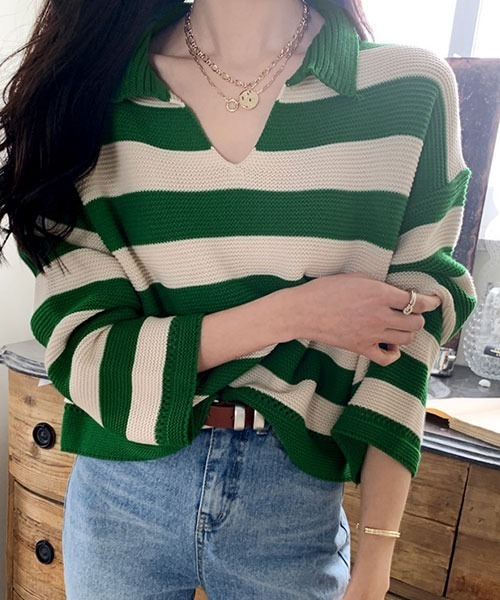 NANING9（ナンニング）の「NANING9 ワイドボーダールーズニット（ニット/セーター・レディース・ベージュ/ネイビー/グリーン・FREE）」の12枚目の写真