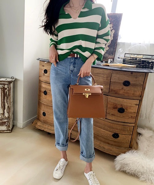 NANING9（ナンニング）の「NANING9 ワイドボーダールーズニット（ニット/セーター・レディース・ベージュ/ネイビー/グリーン・FREE）」の13枚目の写真