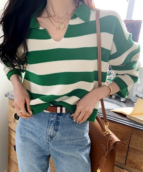 NANING9（ナンニング）の「NANING9 ワイドボーダールーズニット（ニット/セーター・レディース・ベージュ/ネイビー/グリーン・FREE）」の15枚目の写真