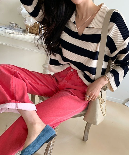 NANING9（ナンニング）の「NANING9 ワイドボーダールーズニット（ニット/セーター・レディース・ベージュ/ネイビー/グリーン・FREE）」の18枚目の写真