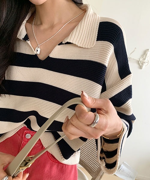 NANING9（ナンニング）の「NANING9 ワイドボーダールーズニット（ニット/セーター・レディース・ベージュ/ネイビー/グリーン・FREE）」の19枚目の写真