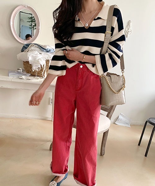 NANING9（ナンニング）の「NANING9 ワイドボーダールーズニット（ニット/セーター・レディース・ベージュ/ネイビー/グリーン・FREE）」の17枚目の写真