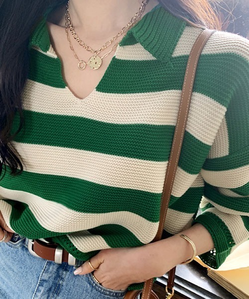 NANING9（ナンニング）の「NANING9 ワイドボーダールーズニット（ニット/セーター・レディース・ベージュ/ネイビー/グリーン・FREE）」の16枚目の写真