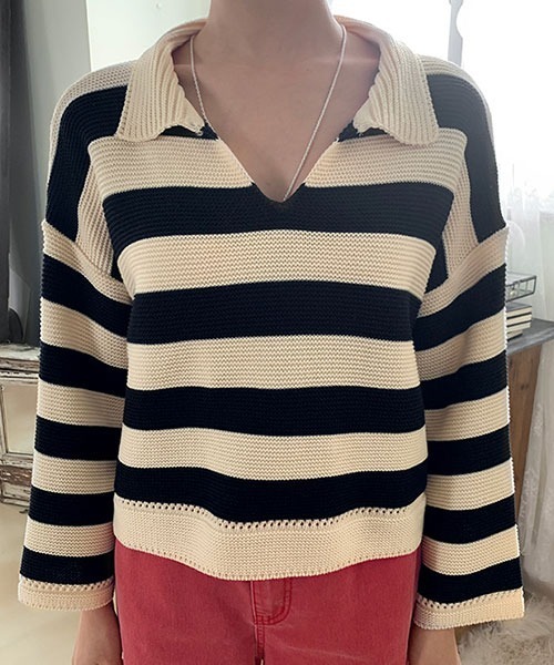 NANING9（ナンニング）の「NANING9 ワイドボーダールーズニット（ニット/セーター・レディース・ベージュ/ネイビー/グリーン・FREE）」の21枚目の写真