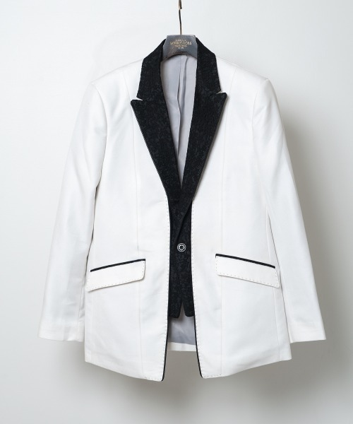 Buffalo Bobs（バッファローボブズ）の「CEREMONIA-LAYERD(セレモニア-レイヤード)1ボタン レイヤード ピークドラペルジャケット（テーラードジャケット・メンズ・ホワイト/ブラック・2-3/3-4/1-2）」の11枚目の写真
