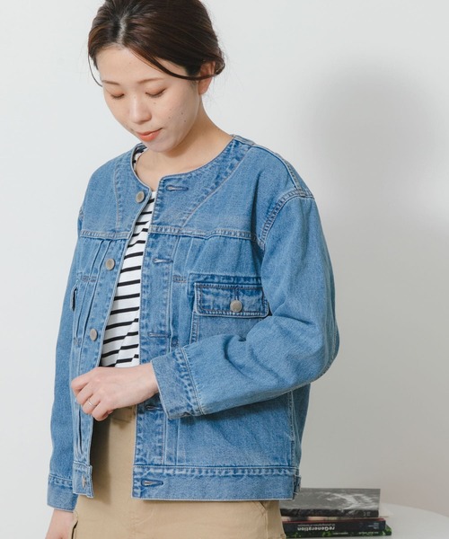 Moname（モナーム）の「MONAME　CREW NECK WORK JACKET（デニムジャケット・レディース・ライトインディゴブルー・FREE）」の5枚目の写真