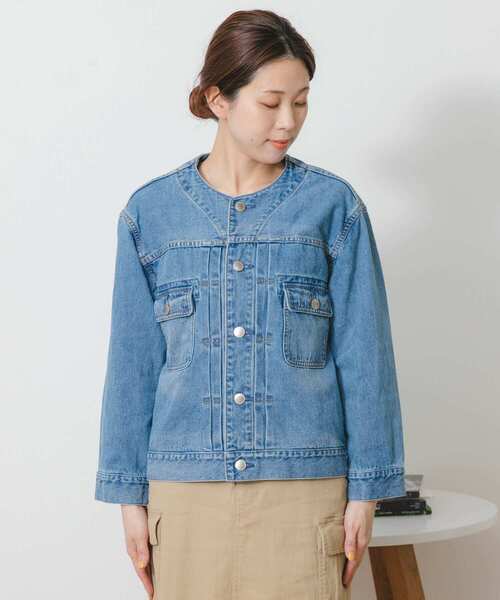 Moname（モナーム）の「MONAME　CREW NECK WORK JACKET（デニムジャケット・レディース・ライトインディゴブルー・FREE）」の13枚目の写真