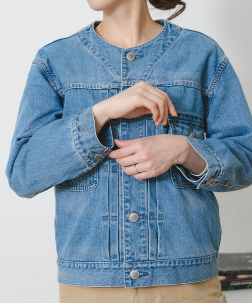 Moname（モナーム）の「MONAME　CREW NECK WORK JACKET（デニムジャケット・レディース・ライトインディゴブルー・FREE）」の16枚目の写真