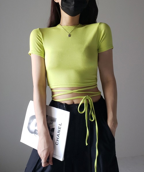 me+em select(ミームセレクト)の「【 4color 】ストラップウエストリボンショート半袖Tシャツ【 韓国製 】(Tシャツ/カットソー・レディース・イエロー/ピンク/ブラック/アイボリー・FREE)」の3枚目の写真