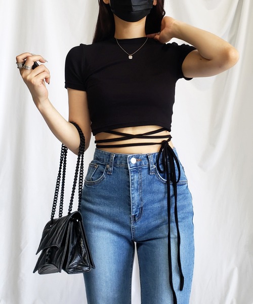 me+em select(ミームセレクト)の「【 4color 】ストラップウエストリボンショート半袖Tシャツ【 韓国製 】(Tシャツ/カットソー・レディース・イエロー/ピンク/ブラック/アイボリー・FREE)」の5枚目の写真
