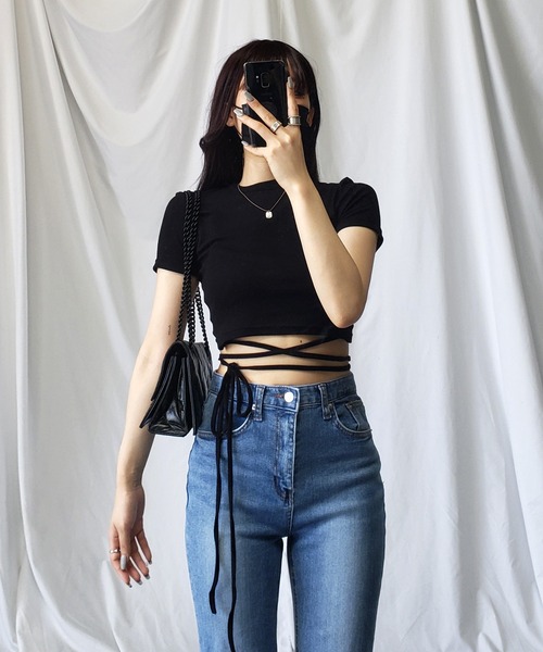 me+em select(ミームセレクト)の「【 4color 】ストラップウエストリボンショート半袖Tシャツ【 韓国製 】(Tシャツ/カットソー・レディース・イエロー/ピンク/ブラック/アイボリー・FREE)」の10枚目の写真
