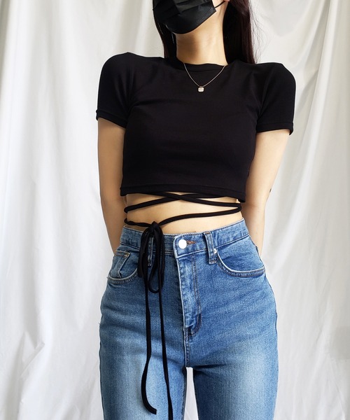 me+em select(ミームセレクト)の「【 4color 】ストラップウエストリボンショート半袖Tシャツ【 韓国製 】(Tシャツ/カットソー・レディース・イエロー/ピンク/ブラック/アイボリー・FREE)」の7枚目の写真