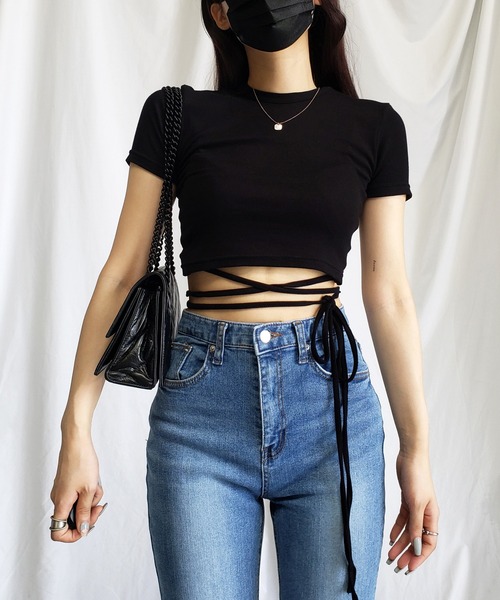 me+em select(ミームセレクト)の「【 4color 】ストラップウエストリボンショート半袖Tシャツ【 韓国製 】(Tシャツ/カットソー・レディース・イエロー/ピンク/ブラック/アイボリー・FREE)」の9枚目の写真