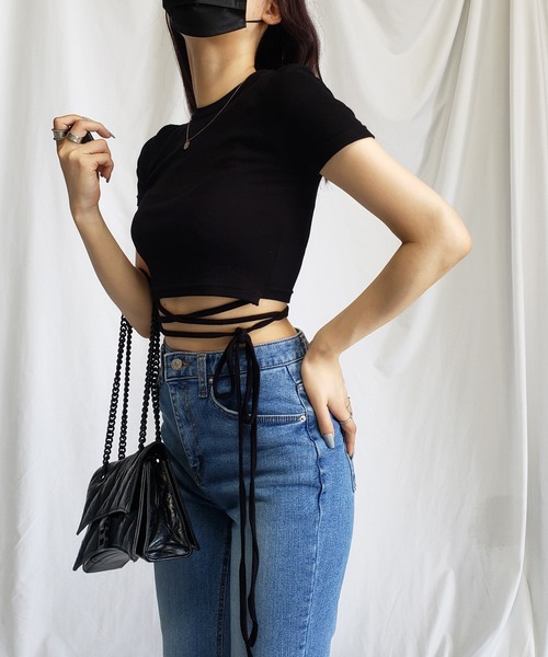me+em select(ミームセレクト)の「【 4color 】ストラップウエストリボンショート半袖Tシャツ【 韓国製 】(Tシャツ/カットソー・レディース・イエロー/ピンク/ブラック/アイボリー・FREE)」の8枚目の写真