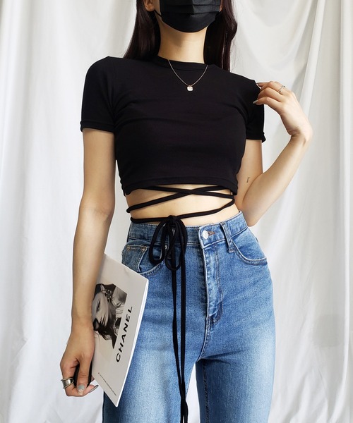 me+em select(ミームセレクト)の「【 4color 】ストラップウエストリボンショート半袖Tシャツ【 韓国製 】(Tシャツ/カットソー・レディース・イエロー/ピンク/ブラック/アイボリー・FREE)」の6枚目の写真