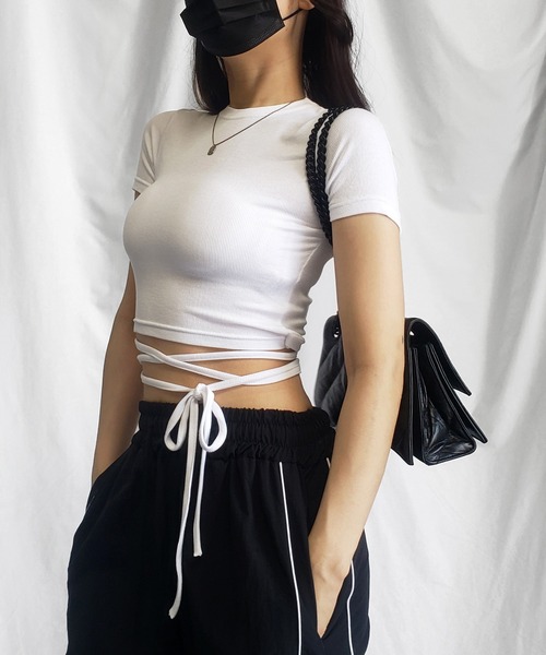 me+em select(ミームセレクト)の「【 4color 】ストラップウエストリボンショート半袖Tシャツ【 韓国製 】(Tシャツ/カットソー・レディース・イエロー/ピンク/ブラック/アイボリー・FREE)」の13枚目の写真