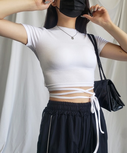 me+em select(ミームセレクト)の「【 4color 】ストラップウエストリボンショート半袖Tシャツ【 韓国製 】(Tシャツ/カットソー・レディース・イエロー/ピンク/ブラック/アイボリー・FREE)」の12枚目の写真