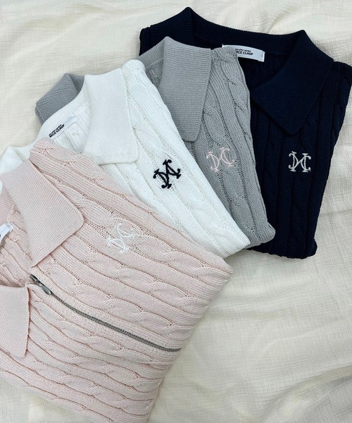 セール】ダブルジップワンポイント刺繍ケーブルニット（ニット