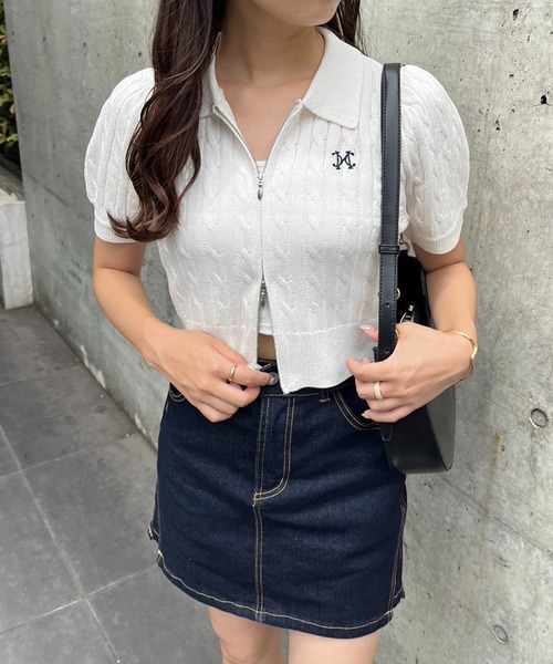 one after another NICE CLAUP(ワンアフターアナザーナイスクラップ)の「ダブルジップワンポイント刺繍ケーブルニット(ニット/セーター・レディース・ネイビー/ライトピンク/杢グレー/オフホワイト・FREE)」の10枚目の写真