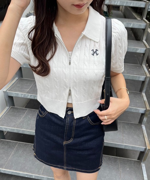 one after another NICE CLAUP(ワンアフターアナザーナイスクラップ)の「ダブルジップワンポイント刺繍ケーブルニット(ニット/セーター・レディース・ネイビー/ライトピンク/杢グレー/オフホワイト・FREE)」の11枚目の写真