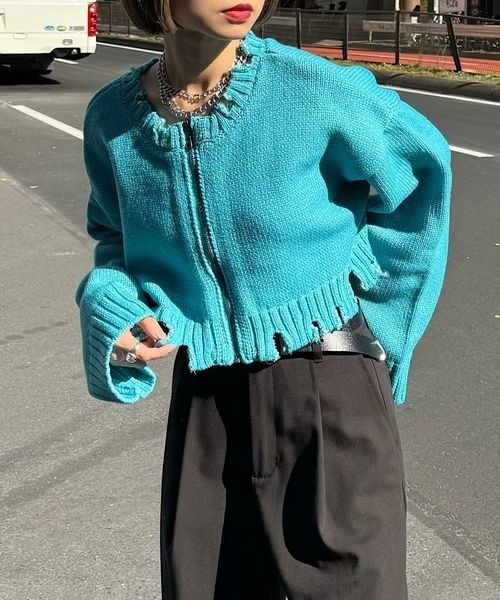 PAGEBOY（ページボーイ）の「ダメージフルZIPニットプルオーバー（ニット/セーター・レディース・ブラック/グレイッシュベージュ/オフホワイト/オレンジ系/ラベンダー/ミント・FREE）」の9枚目の写真