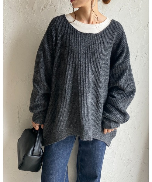 She's Closet(シーズクローゼット)の「バックオープンリボン長袖ボリュームスリーブミックスカラーメランジリブニットプルオーバー(ニット/セーター・レディース・カーキブラウン/ブラック/ブルー/ベージュ・FREE)」の5枚目の写真
