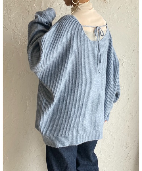 She's Closet(シーズクローゼット)の「バックオープンリボン長袖ボリュームスリーブミックスカラーメランジリブニットプルオーバー(ニット/セーター・レディース・カーキブラウン/ブラック/ブルー/ベージュ・FREE)」の6枚目の写真
