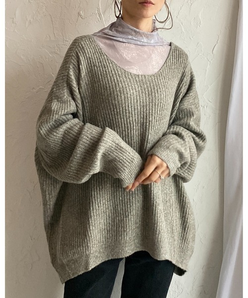 She's Closet(シーズクローゼット)の「バックオープンリボン長袖ボリュームスリーブミックスカラーメランジリブニットプルオーバー(ニット/セーター・レディース・カーキブラウン/ブラック/ブルー/ベージュ・FREE)」の8枚目の写真