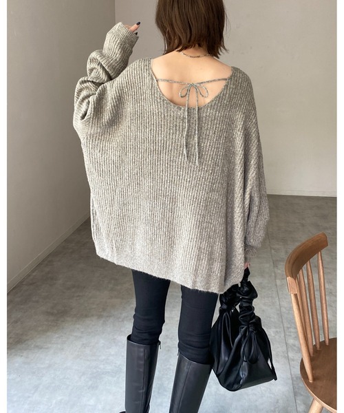 She's Closet(シーズクローゼット)の「バックオープンリボン長袖ボリュームスリーブミックスカラーメランジリブニットプルオーバー(ニット/セーター・レディース・カーキブラウン/ブラック/ブルー/ベージュ・FREE)」の9枚目の写真