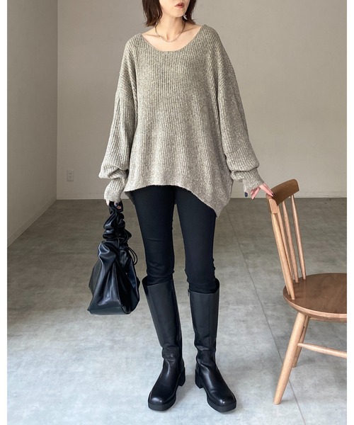 She's Closet(シーズクローゼット)の「バックオープンリボン長袖ボリュームスリーブミックスカラーメランジリブニットプルオーバー(ニット/セーター・レディース・カーキブラウン/ブラック/ブルー/ベージュ・FREE)」の10枚目の写真