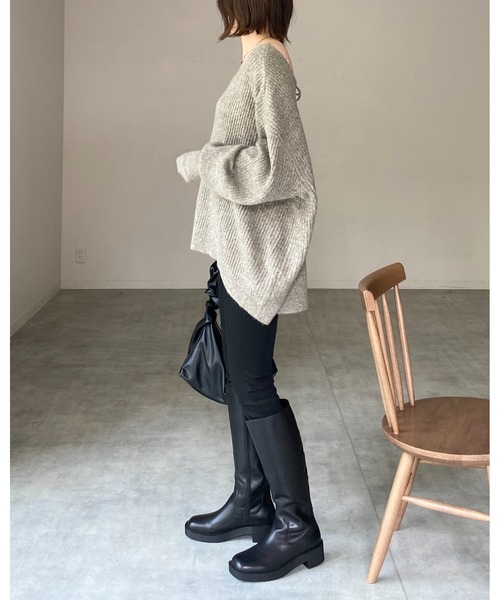 She's Closet(シーズクローゼット)の「バックオープンリボン長袖ボリュームスリーブミックスカラーメランジリブニットプルオーバー(ニット/セーター・レディース・カーキブラウン/ブラック/ブルー/ベージュ・FREE)」の11枚目の写真