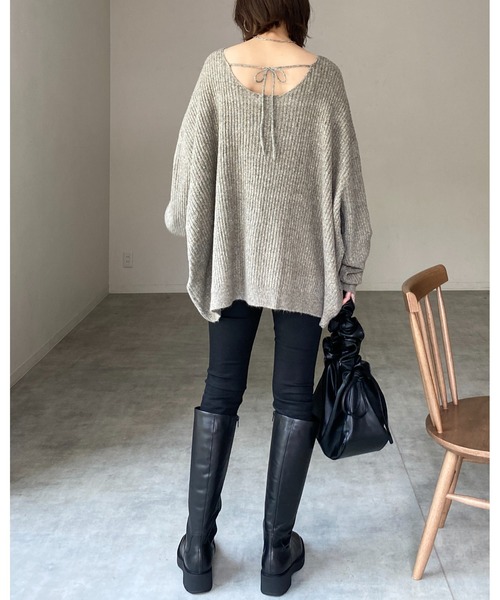 She's Closet(シーズクローゼット)の「バックオープンリボン長袖ボリュームスリーブミックスカラーメランジリブニットプルオーバー(ニット/セーター・レディース・カーキブラウン/ブラック/ブルー/ベージュ・FREE)」の12枚目の写真