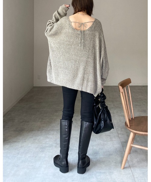 She's Closet(シーズクローゼット)の「バックオープンリボン長袖ボリュームスリーブミックスカラーメランジリブニットプルオーバー(ニット/セーター・レディース・カーキブラウン/ブラック/ブルー/ベージュ・FREE)」の13枚目の写真