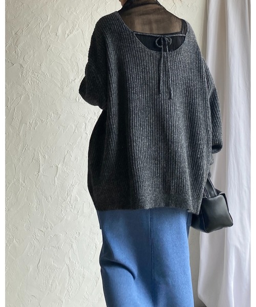 She's Closet(シーズクローゼット)の「バックオープンリボン長袖ボリュームスリーブミックスカラーメランジリブニットプルオーバー(ニット/セーター・レディース・カーキブラウン/ブラック/ブルー/ベージュ・FREE)」の17枚目の写真