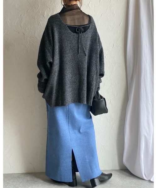 She's Closet(シーズクローゼット)の「バックオープンリボン長袖ボリュームスリーブミックスカラーメランジリブニットプルオーバー(ニット/セーター・レディース・カーキブラウン/ブラック/ブルー/ベージュ・FREE)」の18枚目の写真