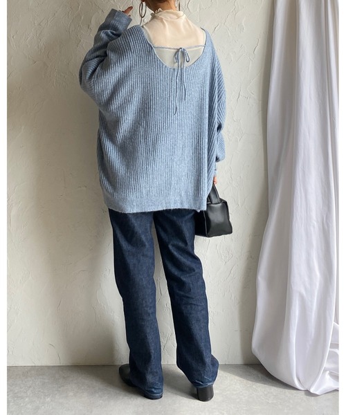 She's Closet(シーズクローゼット)の「バックオープンリボン長袖ボリュームスリーブミックスカラーメランジリブニットプルオーバー(ニット/セーター・レディース・カーキブラウン/ブラック/ブルー/ベージュ・FREE)」の19枚目の写真