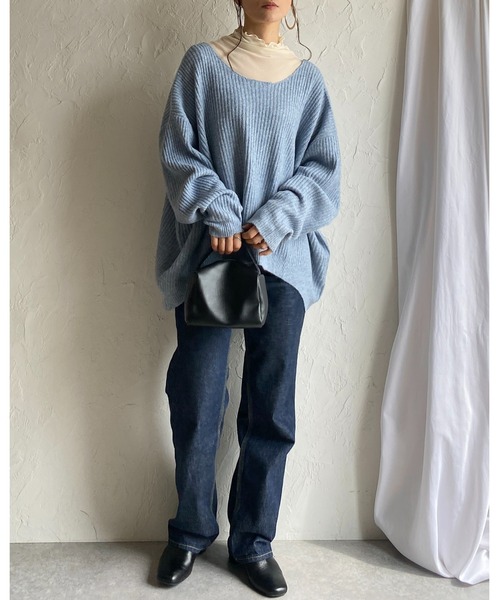 She's Closet(シーズクローゼット)の「バックオープンリボン長袖ボリュームスリーブミックスカラーメランジリブニットプルオーバー(ニット/セーター・レディース・カーキブラウン/ブラック/ブルー/ベージュ・FREE)」の20枚目の写真