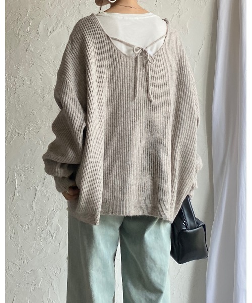 She's Closet(シーズクローゼット)の「バックオープンリボン長袖ボリュームスリーブミックスカラーメランジリブニットプルオーバー(ニット/セーター・レディース・カーキブラウン/ブラック/ブルー/ベージュ・FREE)」の21枚目の写真