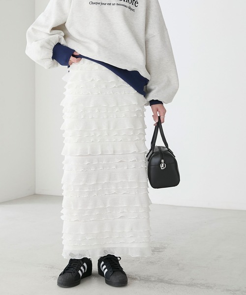 BONLECILL（ボンルシール）の「カットフリルIラインスカート（スカート・レディース・ブラック/アイボリー・FREE）」の3枚目の写真