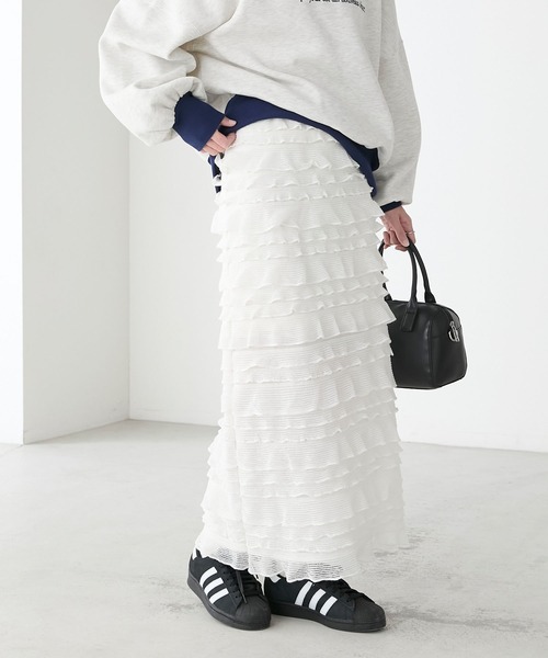 BONLECILL（ボンルシール）の「カットフリルIラインスカート（スカート・レディース・ブラック/アイボリー・FREE）」の4枚目の写真
