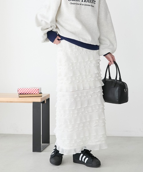 BONLECILL（ボンルシール）の「カットフリルIラインスカート（スカート・レディース・ブラック/アイボリー・FREE）」の9枚目の写真