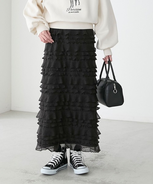 BONLECILL（ボンルシール）の「カットフリルIラインスカート（スカート・レディース・ブラック/アイボリー・FREE）」の12枚目の写真