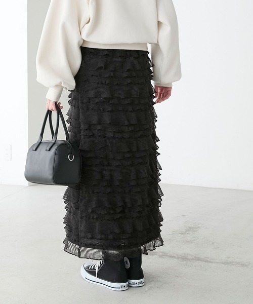 BONLECILL（ボンルシール）の「カットフリルIラインスカート（スカート・レディース・ブラック/アイボリー・FREE）」の14枚目の写真